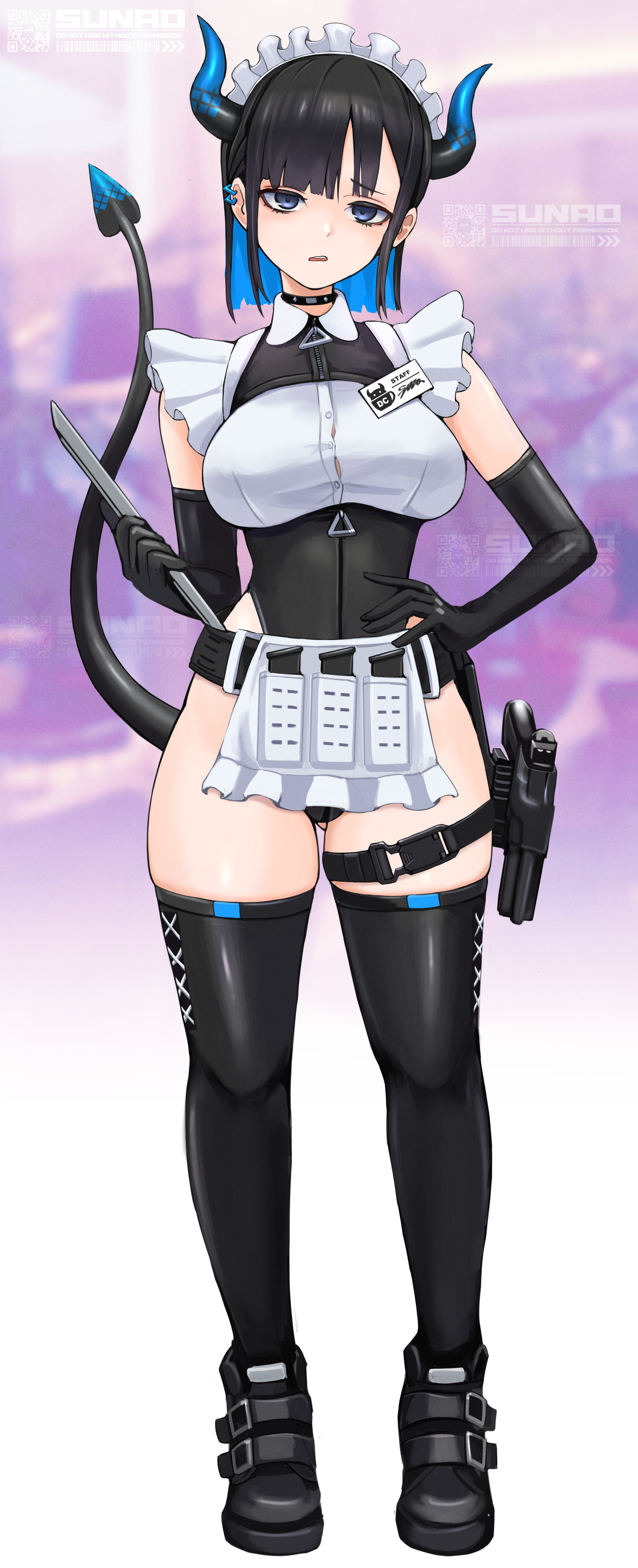 sunao (70 the), original, absurdres, commentary request, highres, 1girl, ankle boots, apron, artist name, black boots, black choker, black gloves, black hair, black horns, black leotard, black tail, black thighhighs, blue eyes, blue hair, blue horns, blue tail, boots, breast cutout, breasts, choker, colored inner hair, demon girl, demon horns, demon tail, ear piercing, elbow gloves, full body, furrowed brow, gloves, gluteal fold, gun, hand on own hip, handgun, highleg, highleg leotard, holding, holding tray, holster, holstered, horns, large breasts, leotard, looking at viewer, magazine (weapon), maid, maid headdress, multicolored hair, multicolored horns, name tag, parted lips, piercing, shirt, short hair, short sleeves, solo, tail, tail raised, thigh holster, thigh strap, thighhighs, tray, two-tone hair, two-tone horns, two-tone tail, waist apron, weapon, white apron, white shirt