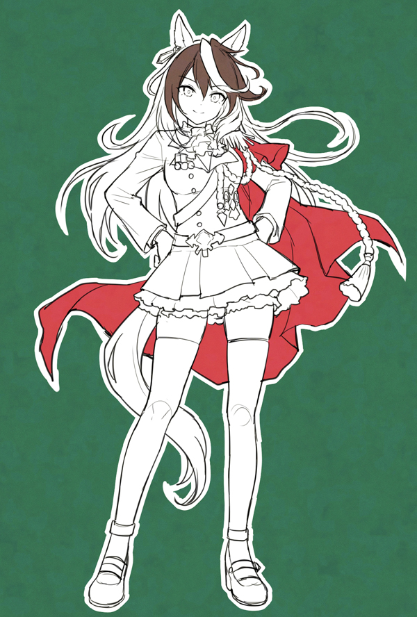 mauve, symboli rudolf (emperor's path) (umamusume), symboli rudolf (umamusume), umamusume, commentary, 1girl, aiguillette, animal ears, ascot, breasts, brown hair, cape, closed mouth, earrings, epaulettes, green background, hair between eyes, horse ears, horse girl, horse tail, jacket, jewelry, limited palette, long hair, long sleeves, looking at viewer, medal, multicolored hair, red cape, side cape, simple background, single earring, single epaulette, skirt, smile, spot color, streaked hair, tail, thighhighs, white hair