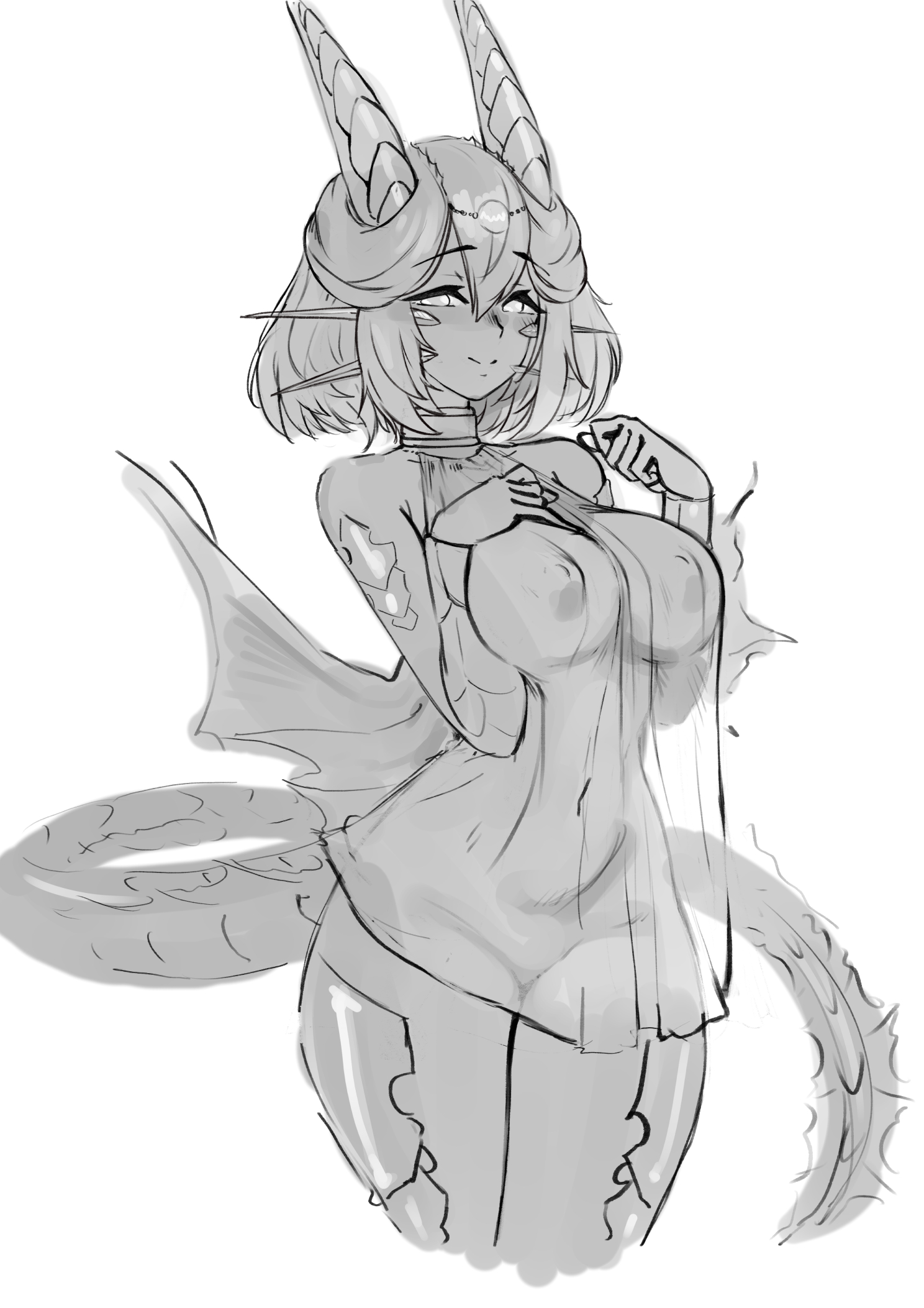 barbariank, gold dragon (d&d), dungeons & dragons, commentary, english commentary, highres, 1girl, bare arms, bare shoulders, blush, bottomless, breasts, come hither, cowboy shot, dragon girl, dragon tail, gold dragon (barbariank), greyscale, hair between eyes, hand on own chest, horns, large breasts, looking at viewer, monochrome, monster girl, navel, nightgown, nipples, personification, scales, see-through clothes, see-through nightgown, short hair, simple background, smile, solo, tail, wings