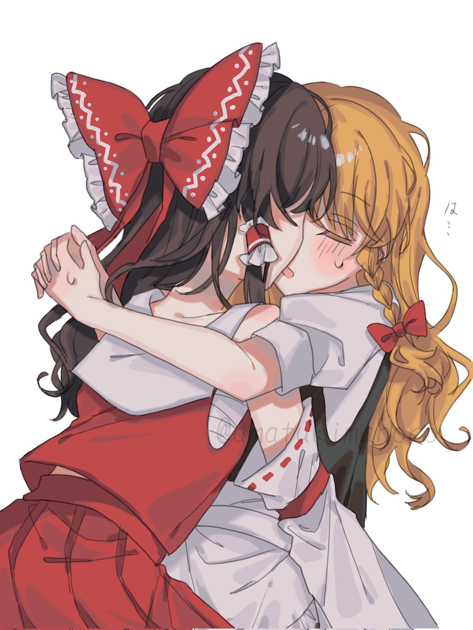 amatukimahoro, hakurei reimu, kirisame marisa, touhou, commentary request, highres, 2girls, arms around neck, blonde hair, bow, braid, brown hair, chest sarashi, closed eyes, detached sleeves, frilled bow, frilled hair tubes, frills, hair bow, hair tubes, kiss, long hair, long sleeves, multiple girls, pleated skirt, puffy short sleeves, puffy sleeves, red bow, red shirt, red skirt, sarashi, shirt, short sleeves, side braid, simple background, single braid, skirt, sleeveless, sleeveless shirt, sweatdrop, white background, white shirt, yuri