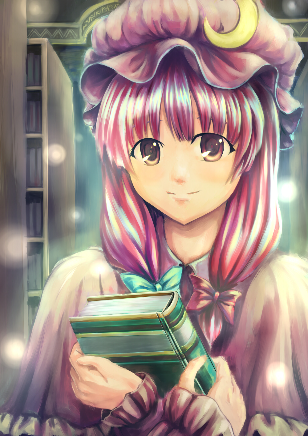 nemo (marmeid331), patchouli knowledge, touhou, bad id, bad pixiv id, highres, 1girl, bad anatomy, bad hands, book, bookshelf, crescent, crescent moon, female focus, hair ribbon, hat, library, moon, poorly drawn, purple eyes, purple hair, ribbon, smile, solo, voile