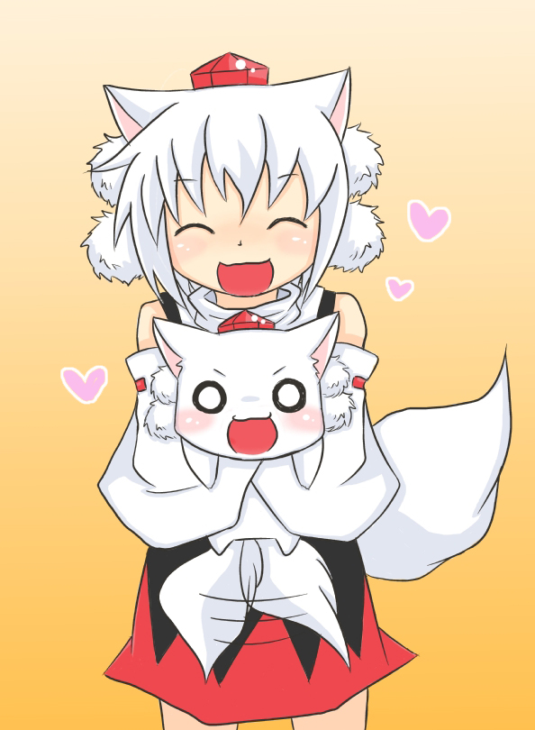viva!!, inubashiri momiji, inubashiri momiji (wolf), touhou, 1girl, animal ears, chibi, detached sleeves, dog, dual persona, female focus, hat, short hair, solo, tail, tail wagging, tokin hat, white hair, wolf, wolf ears, wolf tail