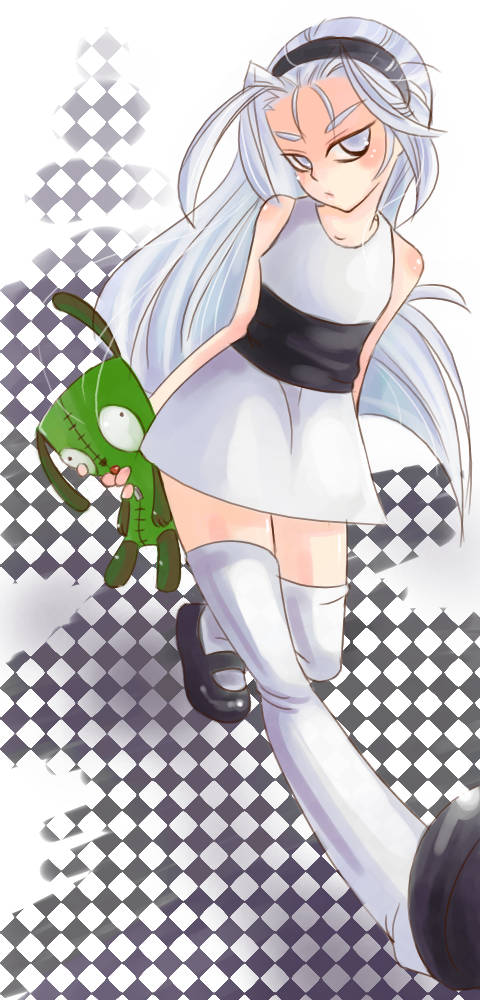 bell (ppgd), gir (dog costume) (invader zim), gir (invader zim), powerpuff girls, powerpuff girls doujinshi, commentary, english commentary, 1girl, argyle background, black background, black hairband, black shoes, dress, dress shoes, grey eyes, hairband, holding, holding stuffed toy, long bangs, long hair, orangel89, shoes, short dress, sleeveless, stuffed animal, stuffed toy, thighhighs, very long hair, walking, white background, white dress, white hair, white thighhighs