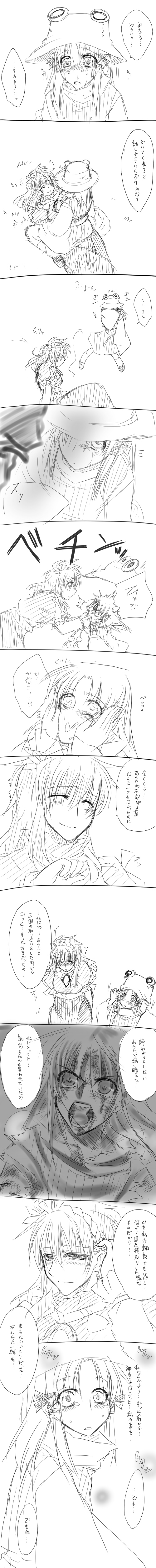 ogera okera, moriya suwako, yasaka kanako, touhou, absurdres, bad id, bad pixiv id, highres, long image, tall image, translation request, 2girls, comic, female focus, greyscale, hat, monochrome, multiple girls, short hair, tears, yuri