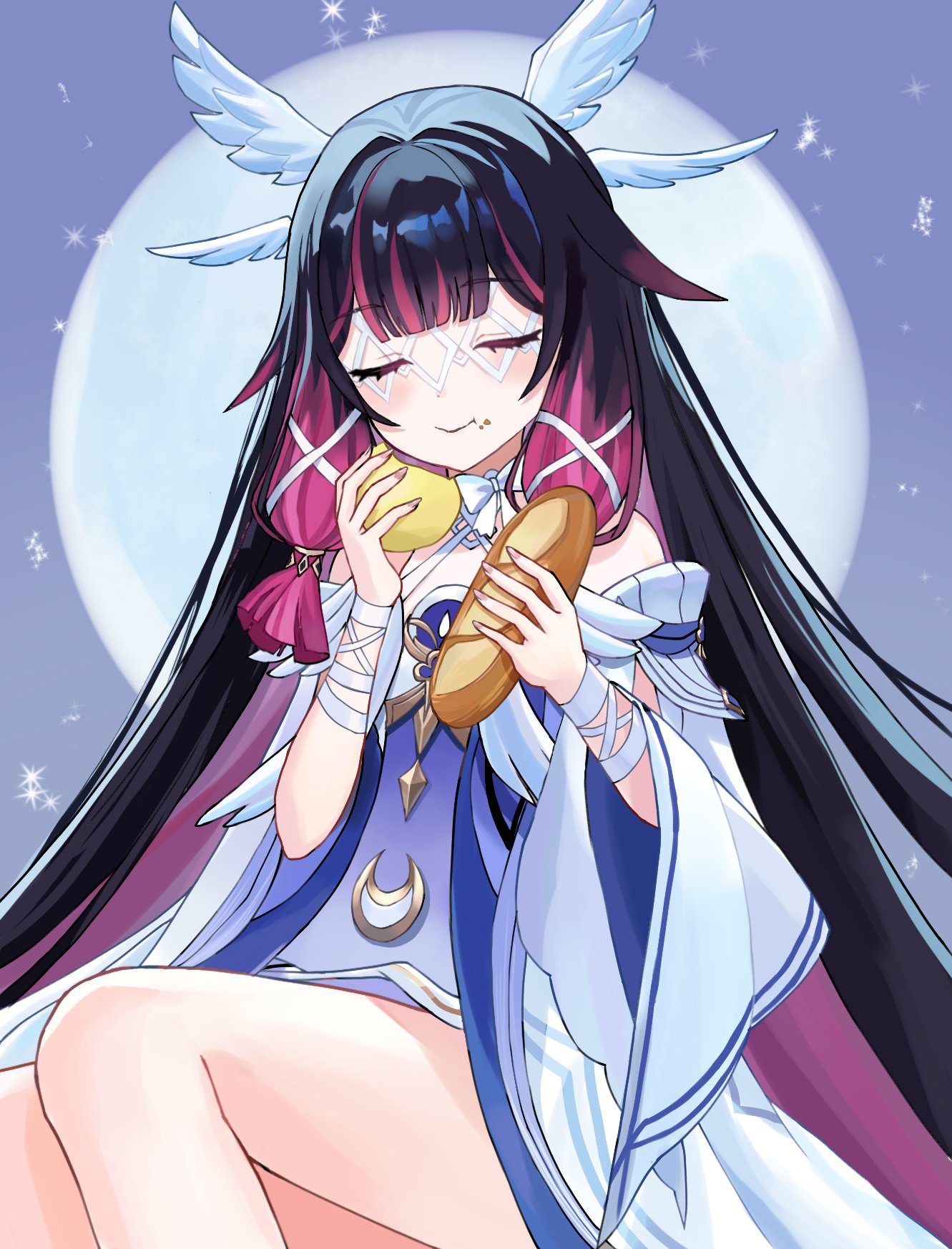 kima (jp4g6kfhb842057), columbina (genshin impact), genshin impact, hashtag-only commentary, highres, 1girl, black hair, blue dress, bread, closed eyes, closed mouth, crumbs, dress, eating, eye mask, facing viewer, food, food on face, full moon, hair ribbon, head wings, holding, holding bread, holding food, long hair, mask, moon, multicolored dress, multicolored hair, pink hair, ribbon, smile, solo, two-tone hair, very long hair, white dress, white ribbon, wings