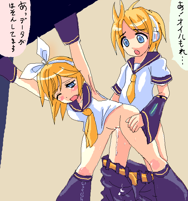 kagamine len, kagamine rin, vocaloid, translation request, 1girl, against wall, bent over, brother and sister, clothed sex, cum, cum in pussy, cumdrip, flat chest, incest, loli, penis, pussy, sex, siblings, standing, text focus, twincest, twins, vaginal, wince