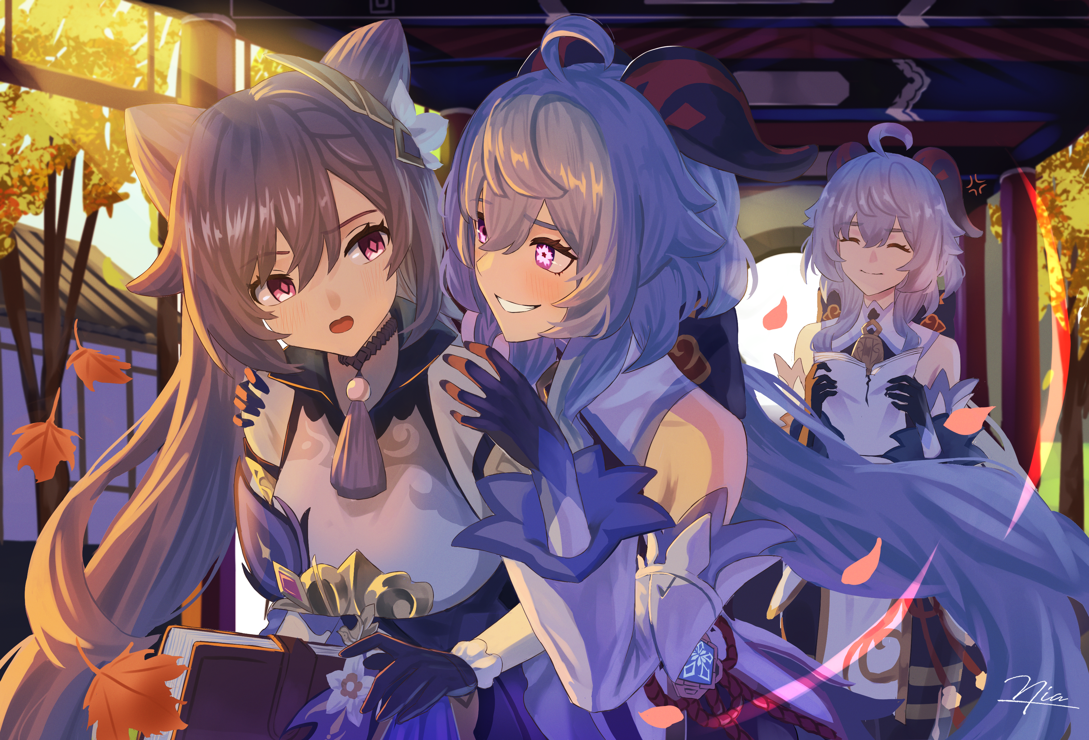 niadn nb, ganyu (genshin impact), keqing (genshin impact), sparkle (honkai: star rail), genshin impact, honkai: star rail, honkai (series), absurdres, commentary request, highres, 3girls, ahoge, autumn leaves, bare shoulders, black gloves, blue hair, closed eyes, closed mouth, cone hair bun, detached sleeves, double bun, falling leaves, floating hair, gloves, goat horns, hair between eyes, hair bun, horns, leaf, long sleeves, looking at another, multiple girls, open mouth, pink eyes, purple gloves, purple hair, signature, smile, symbol-shaped pupils, twintails
