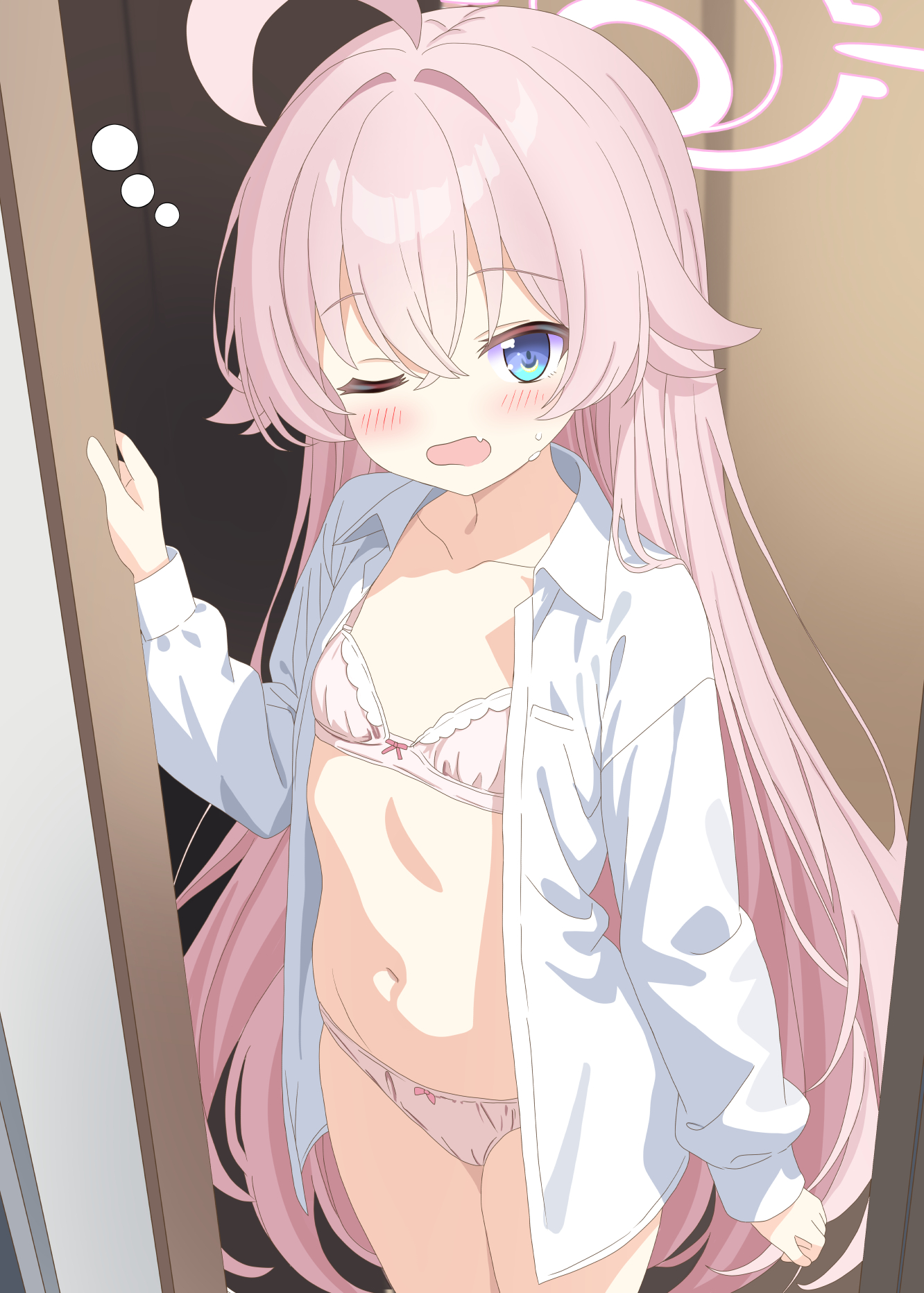 aruka (alka p1), hoshino (blue archive), blue archive, commentary request, highres, 1girl, ahoge, blue eyes, blush, bow, bow bra, bow panties, bra, collarbone, collared shirt, cowboy shot, crossed bangs, door, fang, hair between eyes, hair intakes, halo, hand up, indoors, long hair, long sleeves, navel, one eye closed, open clothes, open mouth, open shirt, panties, pink bra, pink hair, pink halo, pink panties, shirt, skin fang, solo, squeans, underwear, white shirt