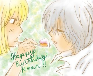 mello (death note), near (death note), death note, lowres, 00s, birthday, cake, food, happy