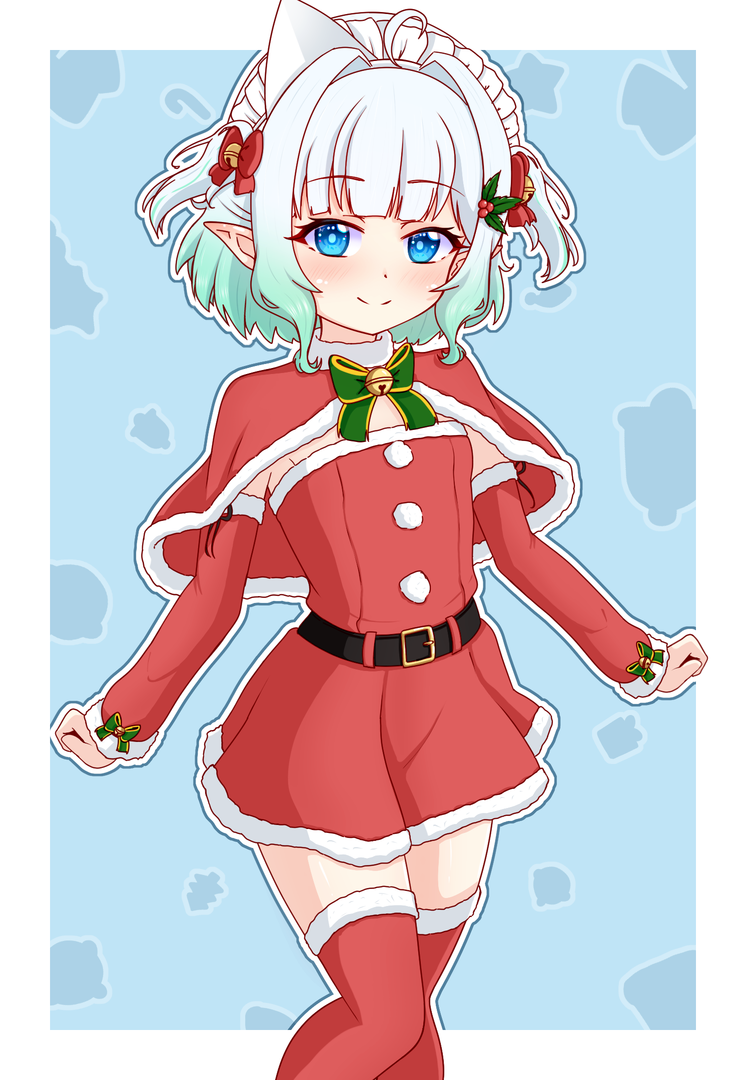 kisaragi 1go, mint fantome, densetsu.exe, commentary, english commentary, highres, 1girl, alternate costume, blue eyes, dress, fur-trimmed dress, fur-trimmed thighhighs, fur trim, green hair, looking at viewer, pointy ears, pom pom (clothes), red dress, red thighhighs, santa costume, santa dress, smile, solo, thighhighs, virtual youtuber, white hair