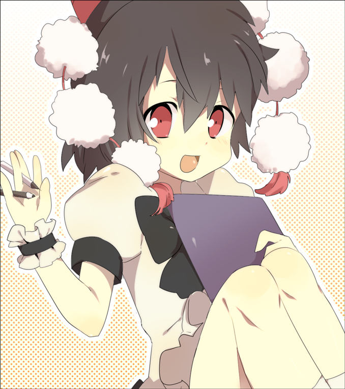 yuzuha (atamawarui), yuzuha (pixiv), shameimaru aya, touhou, bad id, bad pixiv id, 1girl, black hair, female focus, hat, looking at viewer, mechanical pencil, open mouth, pencil, red eyes, short hair, smile, solo, tokin hat, wooden pencil, wrist cuffs