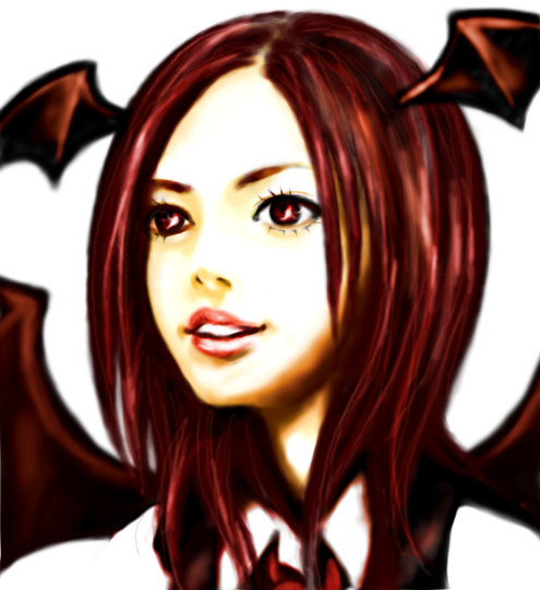 run (rrrrun), koakuma, embodiment of scarlet devil, touhou, 1girl, bat wings, female focus, head wings, red eyes, red hair, solo, white background, wings
