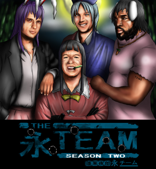 cielo (zaki), cielozaki, b.a. baracus, h.m. "howling mad" murdock, houraisan kaguya, inaba tewi, john "hannibal" smith, mr t, reisen udongein inaba, templeton "faceman" peck, yagokoro eirin, the a-team, touhou, bad id, bad pixiv id, translation request, 4boys, beard, cosplay, crossover, facial hair, houraisan kaguya (cosplay), inaba tewi (cosplay), manly, multiple boys, parody, pun, reisen udongein inaba (cosplay), what, yagokoro eirin (cosplay)