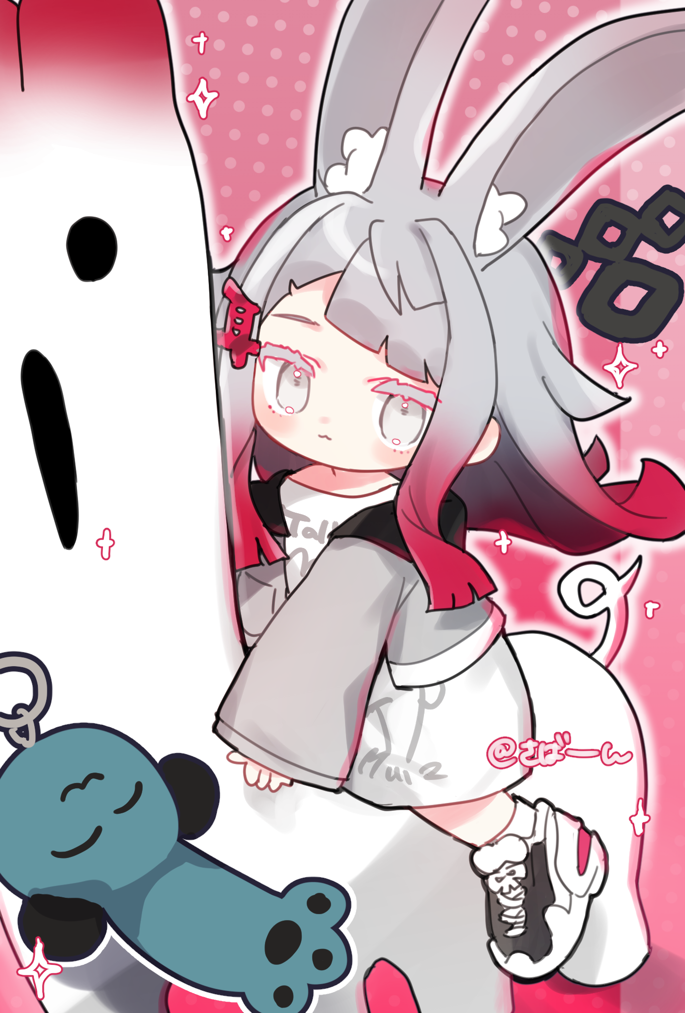 akikan sabako, vrchat, commentary, highres, 1girl, :3, animal ear fluff, animal ears, ankle socks, black shoes, blunt bangs, blush, closed mouth, fox ears, fox girl, full body, gradient hair, grey eyes, grey hair, grey jacket, jacket, long hair, long sleeves, looking at viewer, miminoko (vrchat), multicolored hair, one-hour drawing challenge, open clothes, open jacket, pink background, red hair, shirt, shoes, sitting, skirt, sneakers, socks, solo, white shirt, white skirt, white socks