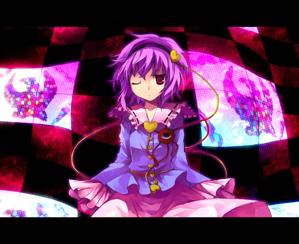 suzushiro kurumi, komeiji satori, touhou, jpeg artifacts, 1girl, female focus, hairband, heart, one eye closed, purple eyes, purple hair, short hair, solo, standing, third eye, wink