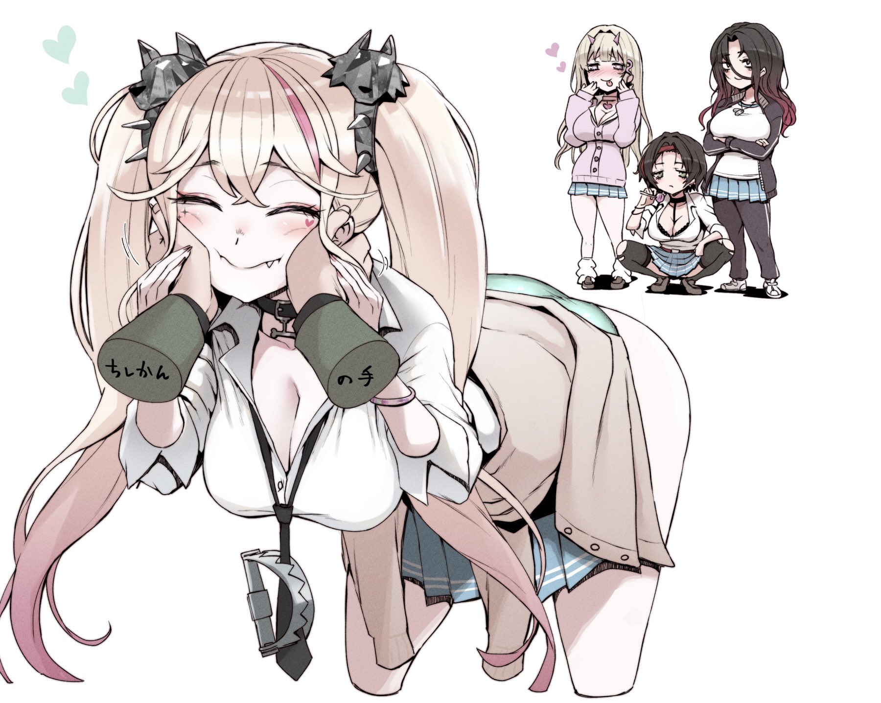 sumiosmith, crow (nikke), elysion harper (nikke), jackal (class troublemaker) (nikke), jackal (nikke), viper (nikke), goddess of victory: nikke, commentary request, highres, 4girls, bear trap, bent over, black choker, black necktie, blonde hair, breasts, cardigan, cardigan around waist, choker, cleavage, closed eyes, clothes around waist, collared shirt, disembodied hand, fang, gradient hair, gyaru, hands on another's cheeks, hands on another's face, heart, large breasts, long hair, loose necktie, multicolored hair, multiple girls, necktie, panties, partially unbuttoned, pink hair, pleated skirt, school uniform, shirt, skirt, sleeves pushed up, smile, streaked hair, three-quarter sleeves, twintails, unbuttoned, unbuttoned shirt, underwear, white background, white shirt