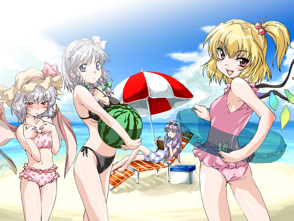 matsukura nemu, flandre scarlet, izayoi sakuya, patchouli knowledge, remilia scarlet, touhou, 4girls, beach, bikini, blonde hair, blue eyes, braid, breasts, chair, cleavage, day, female focus, food, frilled bikini, frills, fruit, hat, innertube, lounge chair, melon, mob cap, multiple girls, parasol, polka dot, polka dot bikini, red eyes, siblings, side-tie bikini bottom, sisters, string bikini, swim ring, swimsuit, twin braids, umbrella, watermelon