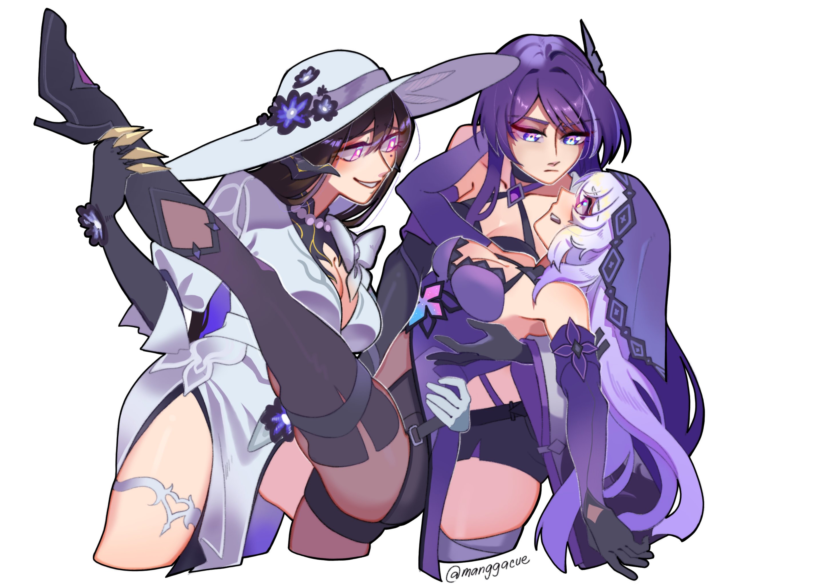 acheron (honkai: star rail), black swan (honkai: star rail), the dahlia (honkai: star rail), honkai: star rail, honkai (series), commentary, english commentary, highres, 3girls, artist name, black hair, boots, breasts, claws, cleavage, dancing, demon horns, detached sleeves, dress, flower, gloves, hair ornament, hat, high heel boots, high heels, horns, large breasts, long hair, manggacue, multiple girls, pantyhose, purple eyes, purple hair, strap, veil, white background, white dress, yuri