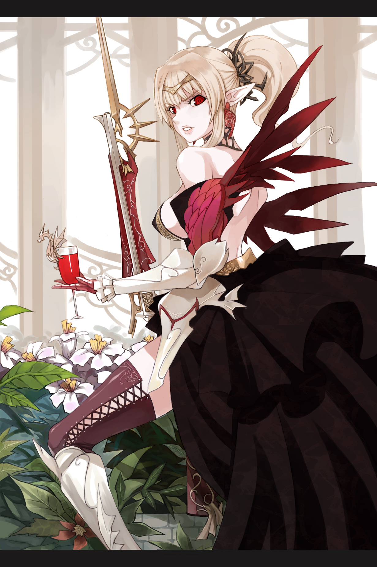 caee penguin, original, bad id, bad pixiv id, highres, 1girl, blonde hair, brown flower, earrings, elf, female focus, flower, gauntlets, glass, gun, gunblade, jewelry, lips, looking back, pointy ears, ponytail, red eyes, solo, thighhighs, weapon