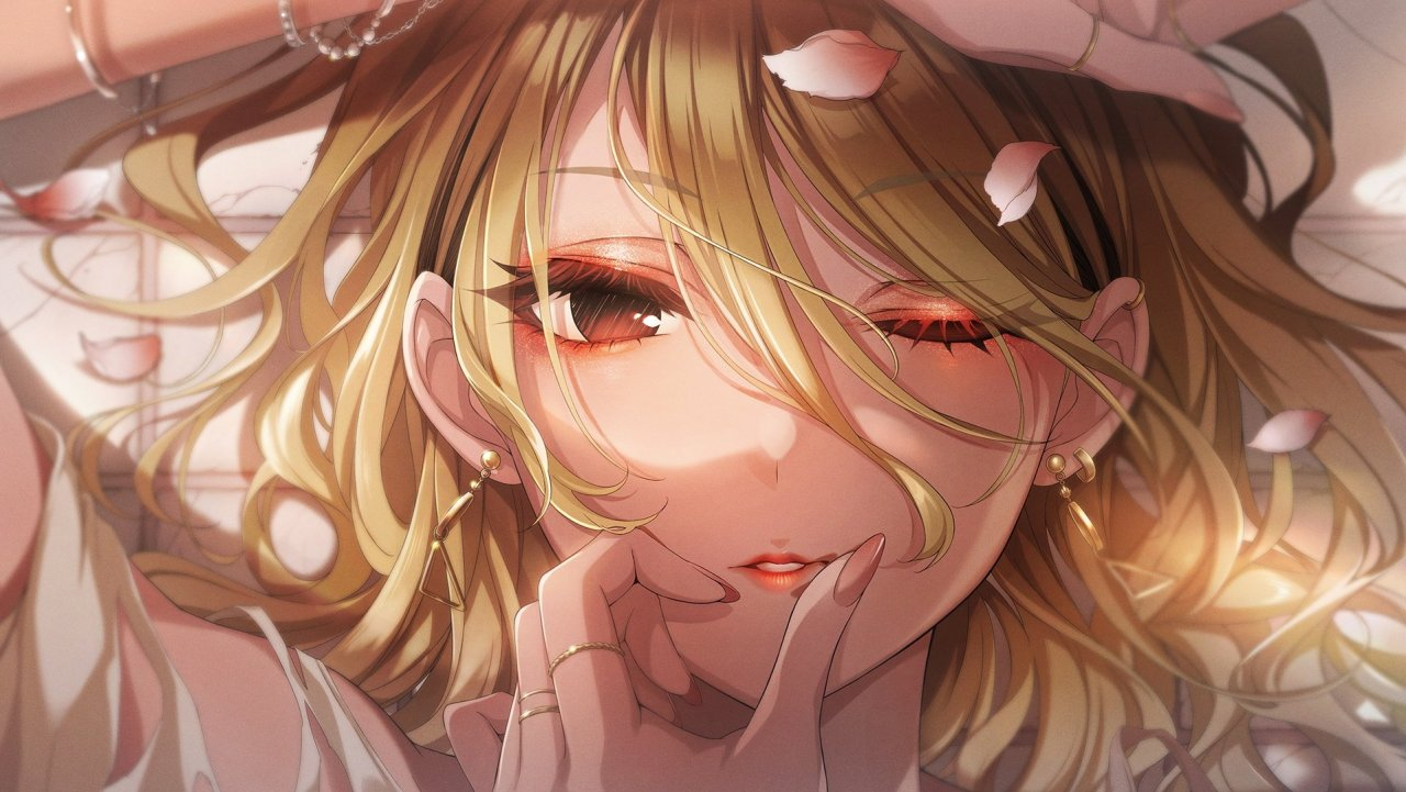 izumi mei, idolmaster, idolmaster shiny colors, idolmaster shiny colors song for prism, game cg, official art, 1girl, blonde hair, brown hair, dark-skinned female, dark skin, earrings, jewelry, multicolored hair, one eye closed, petals, red eyes, solo