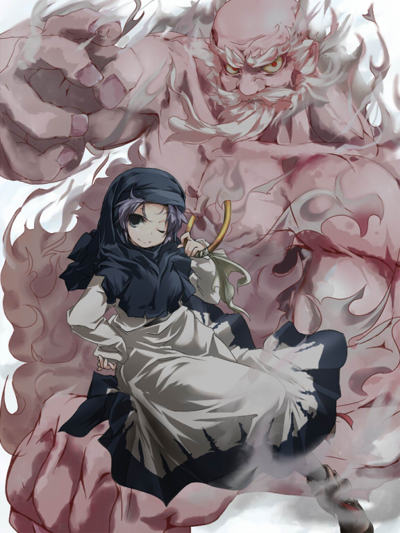 sanoharu, kumoi ichirin, unzan, touhou, 1boy, 1girl, beard, blue eyes, blue hair, bracelet, cloud, facial hair, hood, jewelry, manly, muscular, ring, short hair