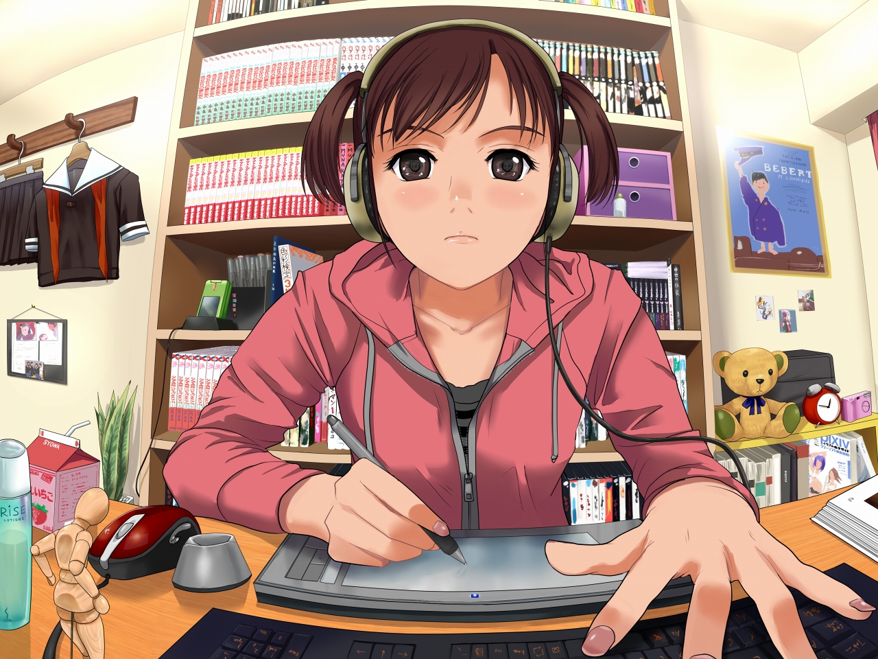 munakata (hisahige), oekaki musume, original, pixiv, wacom, 1girl, brown eyes, brown hair, computer keyboard, computer mouse, drawing tablet, eye reflection, female focus, fisheye, foreshortening, headphones, hood, hoodie, lips, reflection, short hair, solo, twintails