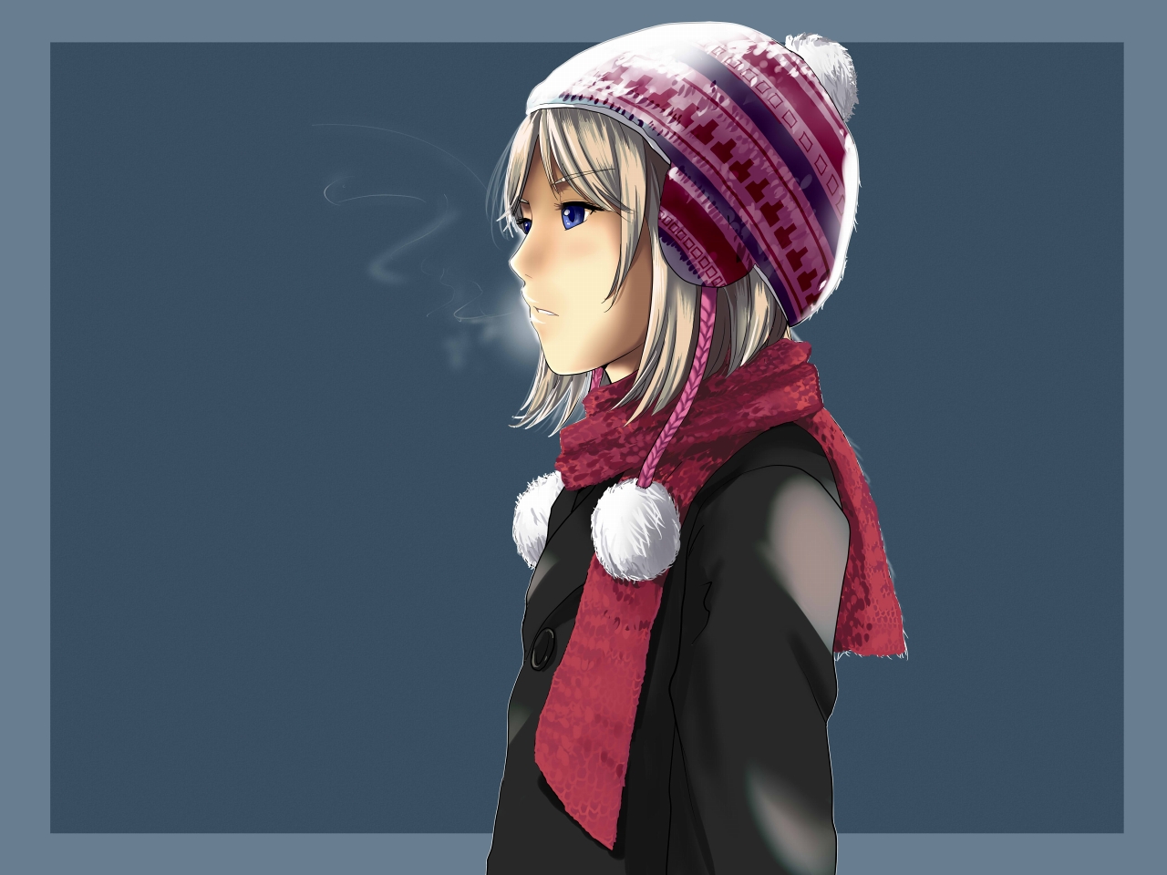 munakata (hisahige), original, silver hair, bad id, bad pixiv id, 1girl, blue eyes, breath, female focus, hat, jacket, long sleeves, looking to the side, parted lips, profile, scarf, short hair, solo, steam, upper body, winter clothes
