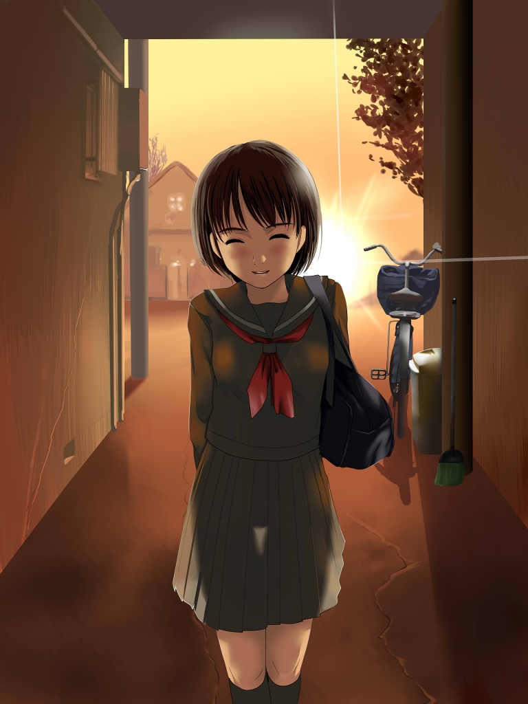 munakata (hisahige), original, bad id, bad pixiv id, 1girl, ^ ^, alley, bicycle, black serafuku, black socks, blush, brown hair, closed eyes, female focus, kneehighs, lips, nature, outdoors, school uniform, see-through clothes, serafuku, short hair, sky, smile, socks, solo, thigh gap, thighs