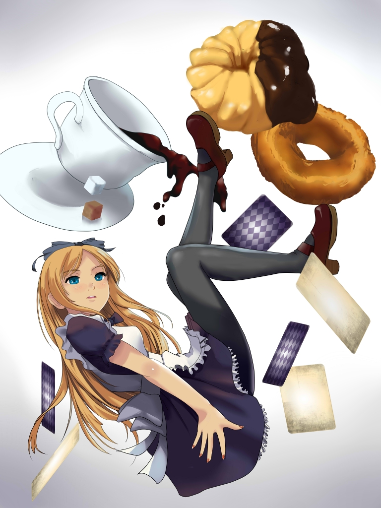 munakata (hisahige), alice (alice in wonderland), alice's adventures in wonderland, original, 1girl, blonde hair, blue eyes, bow, card, cup, donut, dress, falling, female focus, floating card, food, hair bow, legs, long hair, old-fashioned donut, pantyhose, skirt, solo