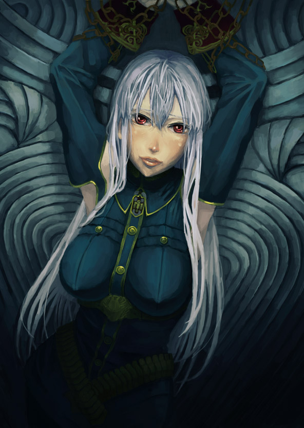 kumotokumo, selvaria bles, senjou no valkyria, senjou no valkyria (series), senjou no valkyria 1, silver hair, 00s, 1girl, armpits, arms up, breasts, chain, detached sleeves, female focus, long hair, military, military uniform, red eyes, solo