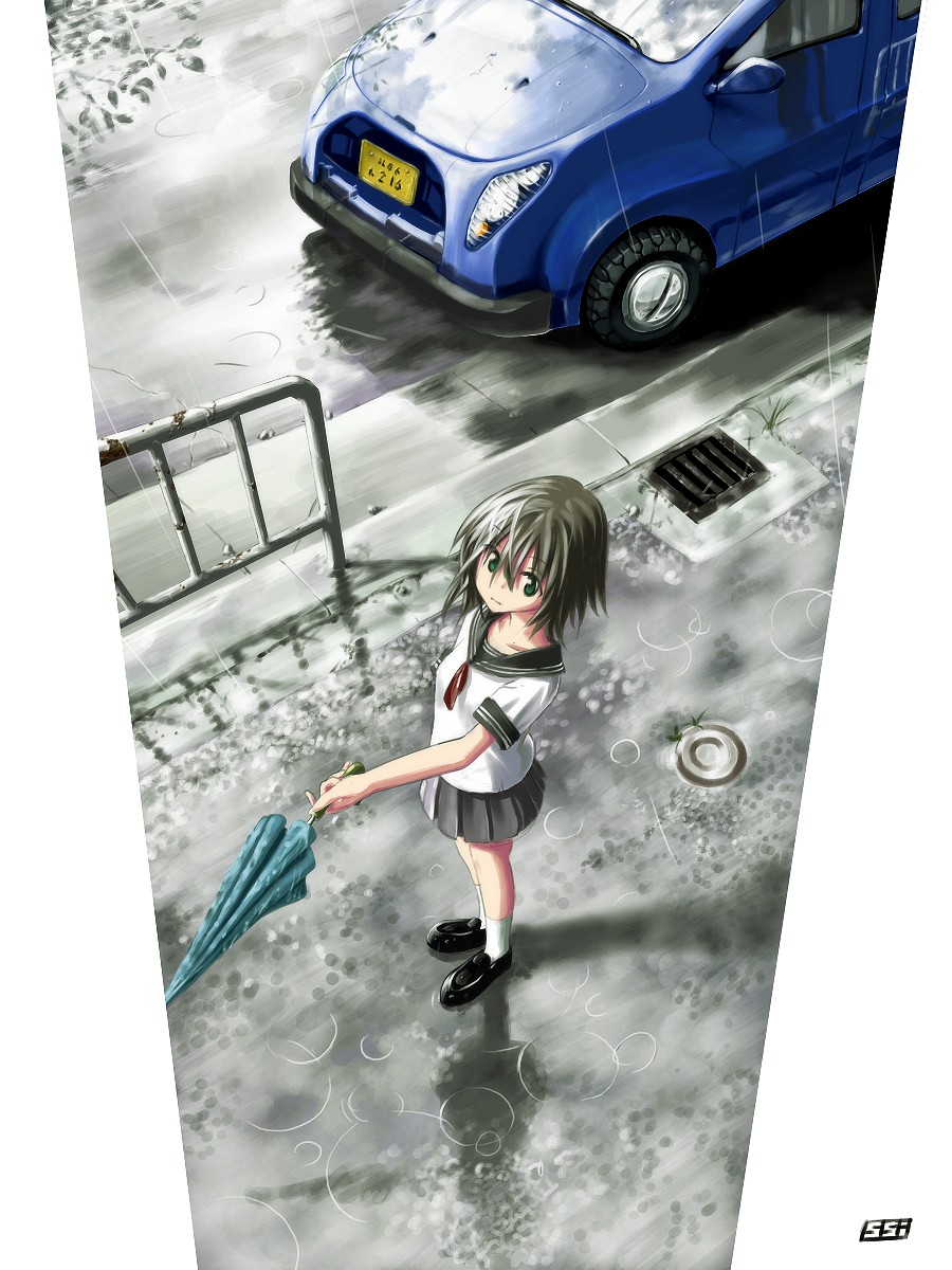 ssi, highres, 1girl, brown hair, car, closed umbrella, female focus, green eyes, motor vehicle, puddle, rain, reflection, road, school uniform, shadow, solo, tree, umbrella, water