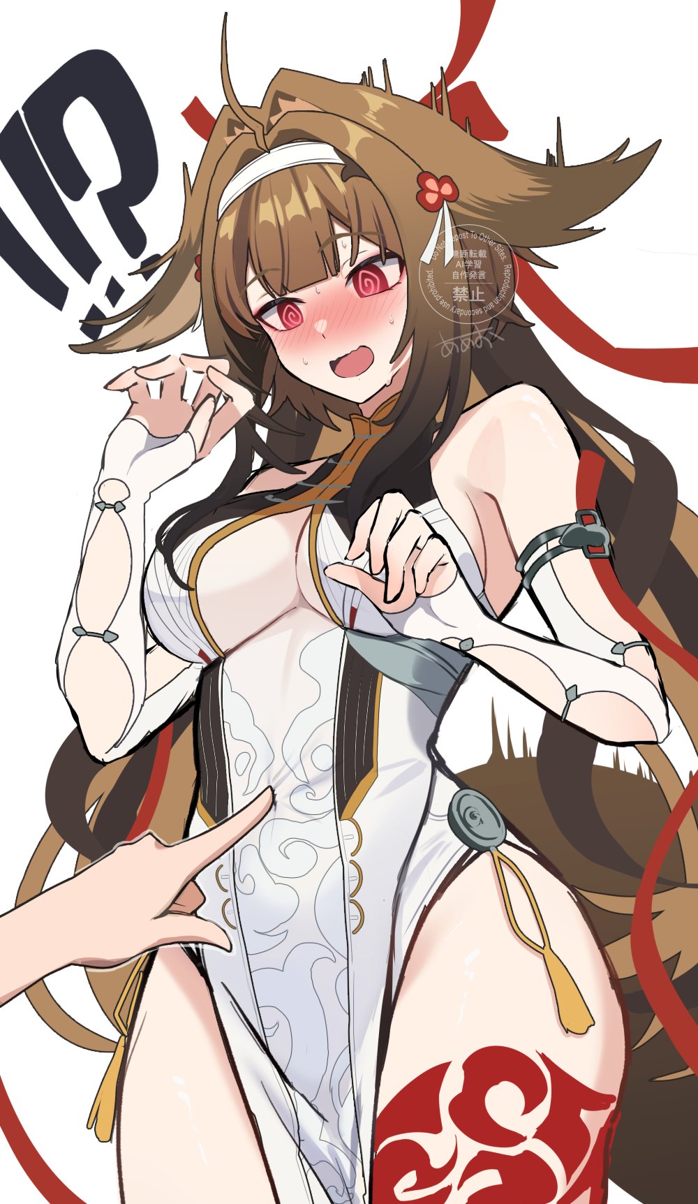 ruaruayana, ye shunguang, zenless zone zero, commentary request, highres, !?, 1girl, @ @, ahoge, breasts, brown hair, china dress, chinese clothes, cloud print, clover hair ornament, covered navel, cowboy shot, dress, droopy ears, flustered, gradient hair, hair ornament, headband, leg tattoo, medium breasts, multicolored hair, poking, red eyes, ribbon, see-through clothes, sleeveless, tail, tassel, tattoo, white background