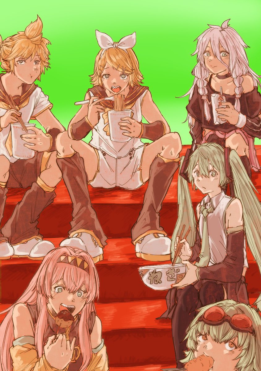 gumi, hatsune miku, ia (vocaloid), kagamine len, kagamine rin, megurine luka, vocaloid, commentary, english commentary, highres, 1boy, 5girls, aqua eyes, aqua hair, aqua necktie, black hairband, black sailor collar, black shirt, black shorts, black socks, blonde hair, bow hairband, bowl, braid, carrot, chopsticks, collared shirt, drink carton, eating, food, goggles, goggles on head, green background, green hair, grey eyes, grey hair, grey shirt, hair ornament, hairband, holding, holding bowl, holding chopsticks, holding food, holding juice box, instant cup noodles, instant noodles, juice box, kneehighs, long hair, looking at viewer, medium hair, multiple girls, neckerchief, necktie, off-shoulder shirt, off shoulder, oisiiidoo, open mouth, orange eyes, pink hair, sailor collar, school uniform, serafuku, shirt, shoes, short hair, shorts, sitting, sleeveless, sleeveless shirt, socks, takoyaki, twin braids, twintails, white hairband, white shirt, white shoes, white shorts, yellow neckerchief