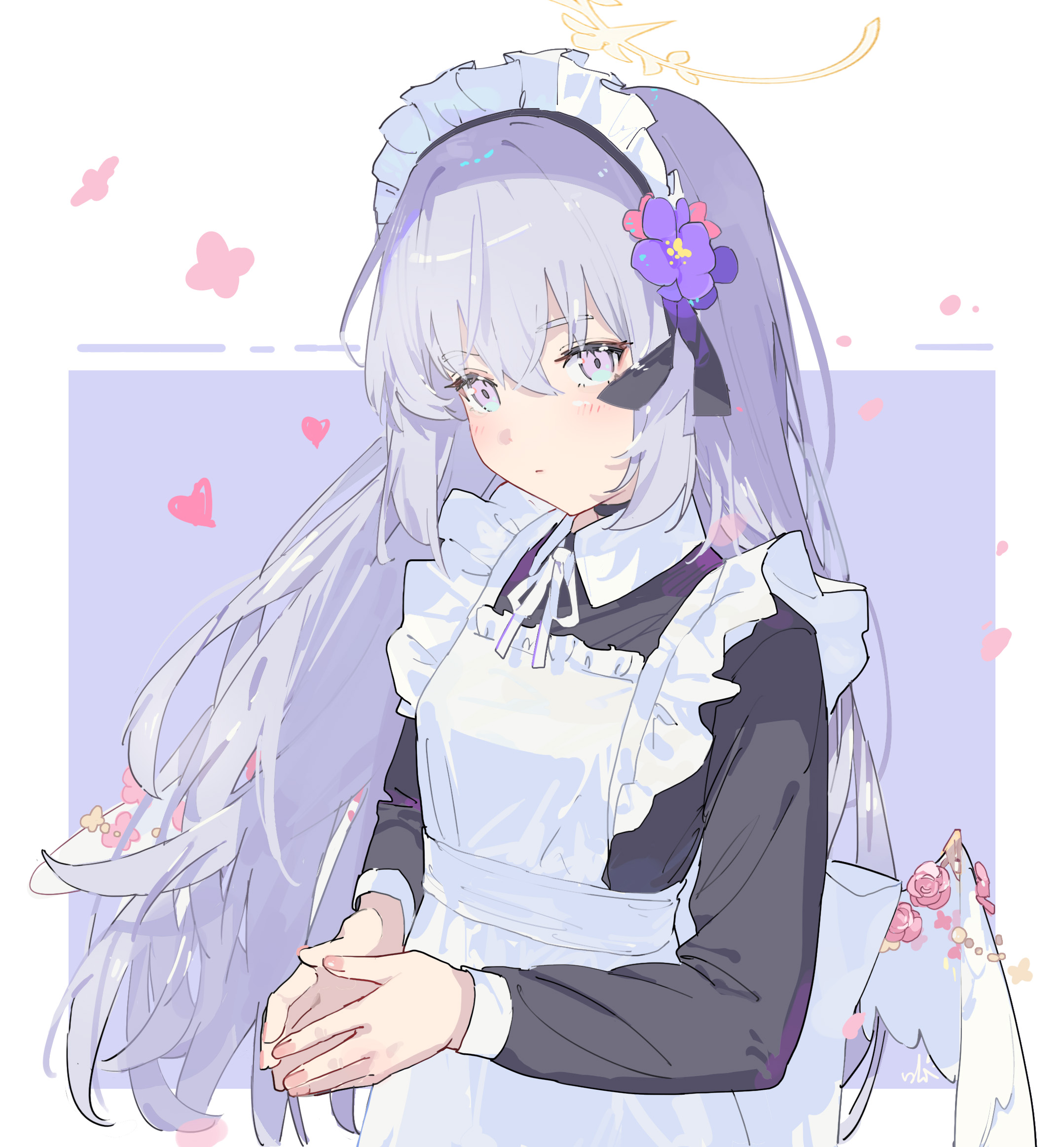 bilibalakonglijiwa, azusa (blue archive), blue archive, commentary, highres, mixed-language commentary, 1girl, alternate costume, apron, black dress, blush, closed mouth, dress, grey hair, hair between eyes, halo, long hair, long sleeves, maid, maid apron, maid headdress, own hands together, purple eyes, solo, upper body, white wings, wings, yellow halo