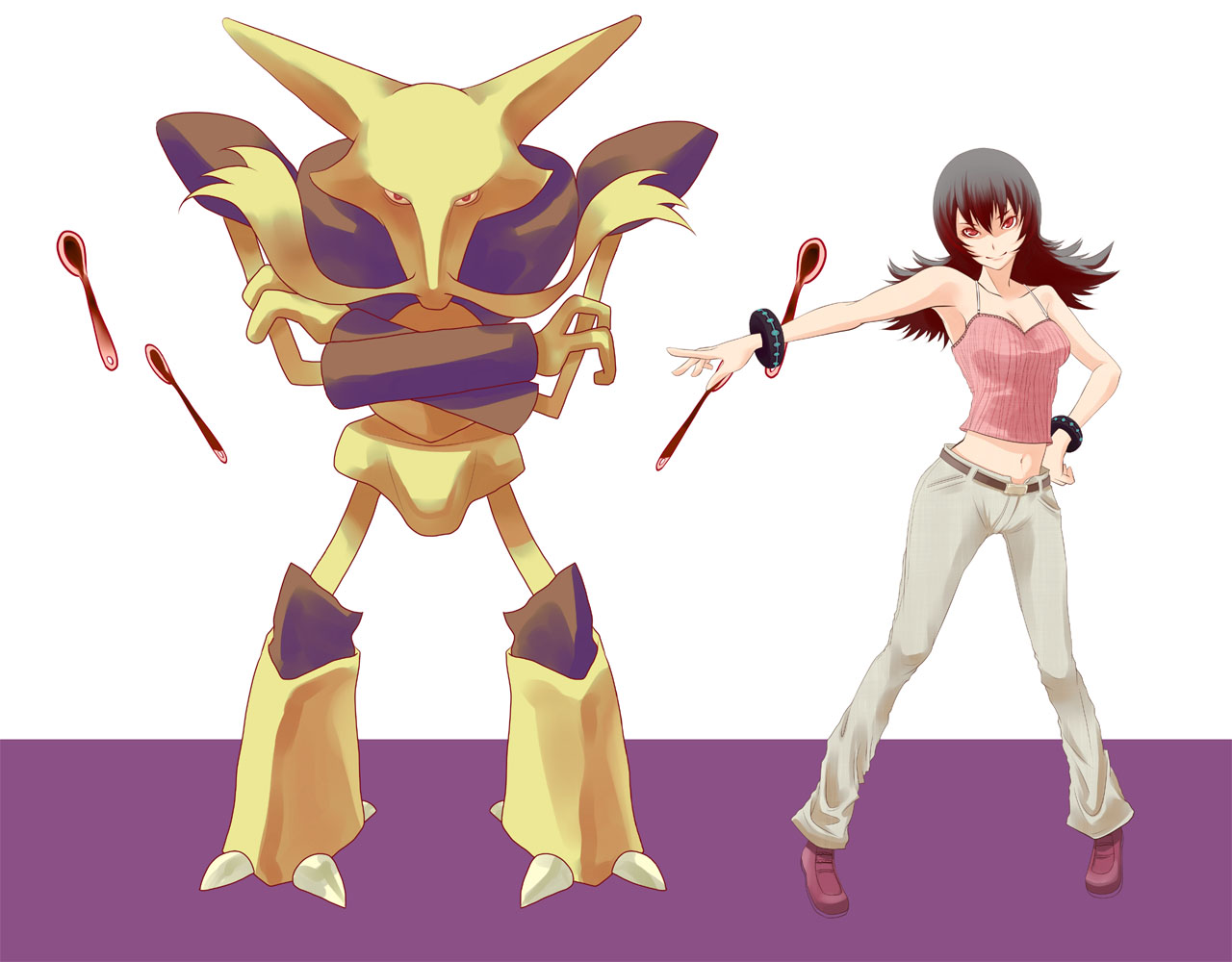 kakage, alakazam, sabrina (pokemon), nintendo, pokemon, pokemon hgss, bad id, bad pixiv id, 00s, 1girl, bare shoulders, black hair, bracelet, camisole, flipped hair, gen 1 pokemon, gym leader, hand on own hip, hip focus, jewelry, midriff, pokemon (creature), red eyes, spoon