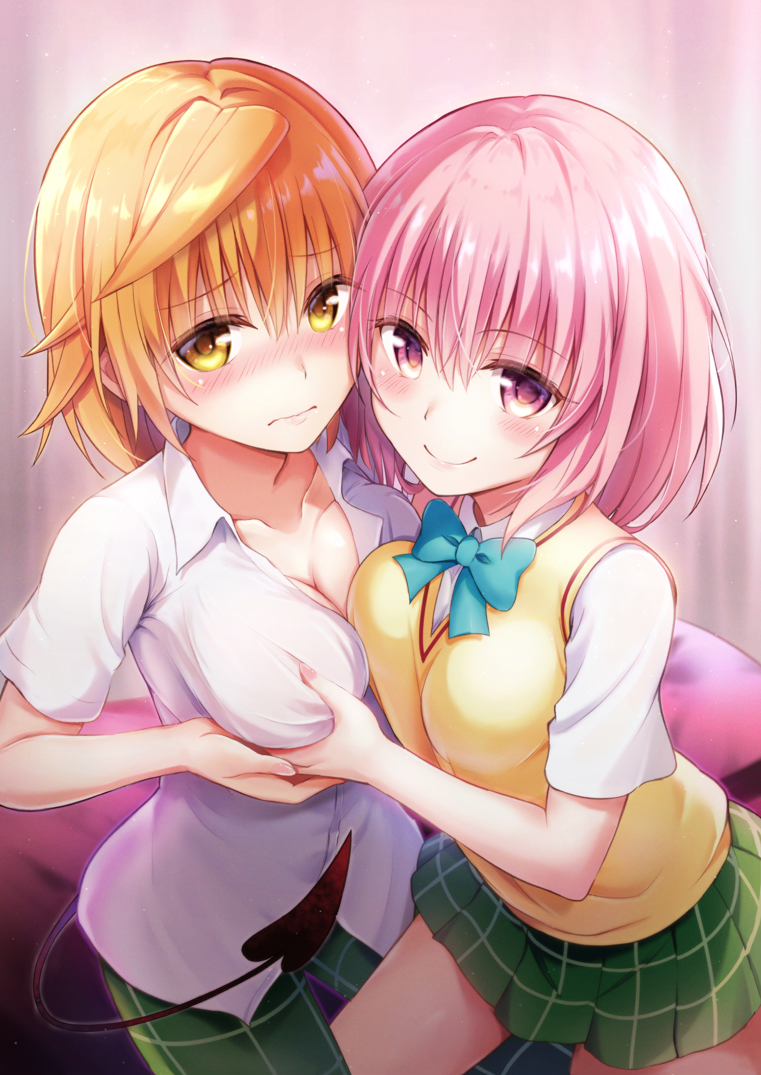lita illust, momo velia deviluke, yuusaki riko, to love-ru, absurdres, commentary request, highres, 2girls, asymmetrical docking, bow, bowtie, breast press, breasts, brown hair, cleavage, closed mouth, collared shirt, cowboy shot, crossdressing, crossdressing (ftm), demon tail, frown, genderswap, genderswap (mtf), grabbing another's breast, green bow, green bowtie, green pants, green skirt, groping, hand on another's hand, indoors, looking at viewer, medium breasts, multiple girls, pants, pink eyes, pink hair, plaid clothes, plaid pants, plaid skirt, sainan high school uniform, school uniform, shirt, short hair, short sleeves, skirt, smile, summer uniform, sweater vest, tail, untucked shirt, wavy hair, white shirt, yellow eyes, yellow sweater vest, yuri