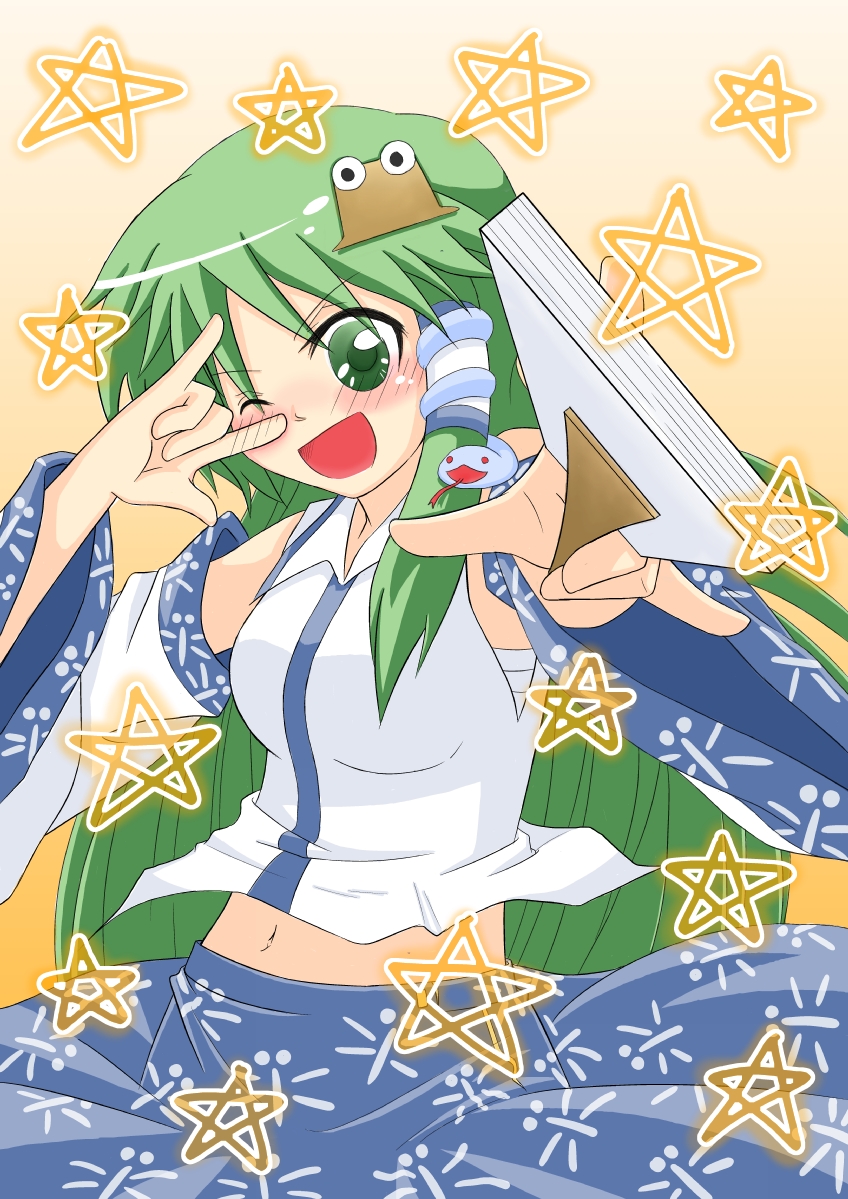 viva!!, kochiya sanae, pyonta, touhou, 1girl, detached sleeves, female focus, gohei, green eyes, green hair, hair ornament, japanese clothes, long hair, m/, matching hair/eyes, miko, oonusa, seikan hikou, snake, solo, star (symbol)