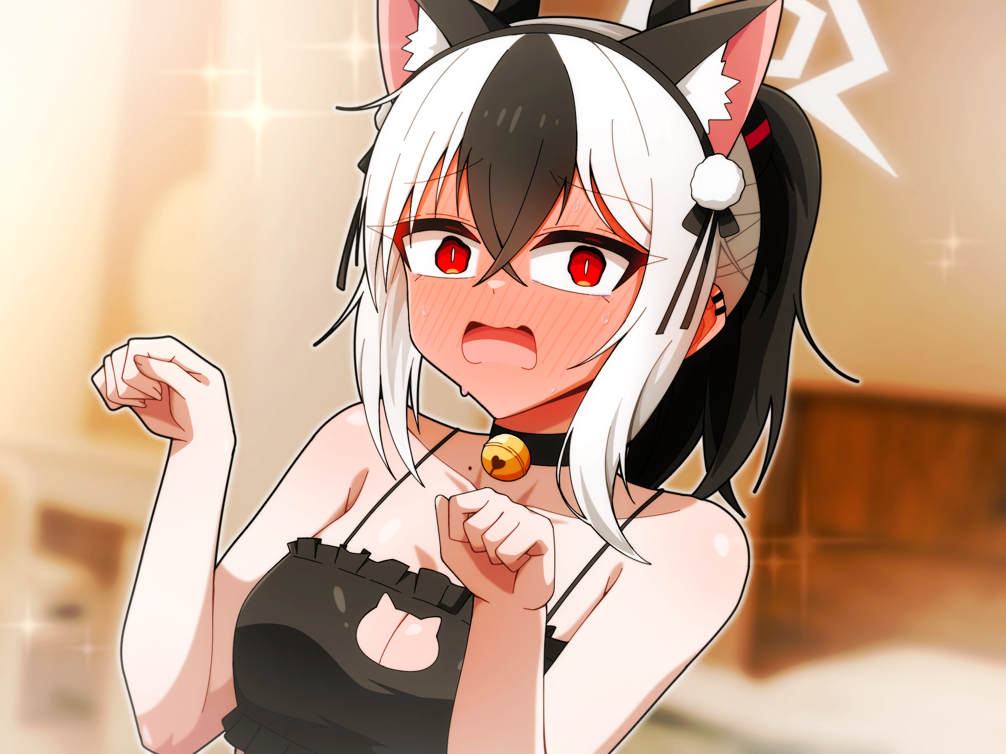 manli, kayoko (blue archive), blue archive, commentary, english commentary, highres, 1girl, alternate costume, animal ear hairband, animal ears, bell, black bra, black hair, blush, bra, breasts, cat ear hairband, cat ears, cat lingerie, cleavage, cleavage cutout, clothing cutout, crossed bangs, demon girl, demon horns, ear piercing, embarrassed, fake animal ears, full-face blush, hair between eyes, hairband, halo, horns, jingle bell, looking at viewer, multicolored hair, open mouth, paw pose, piercing, ponytail, solo, two-tone hair, underwear, white hair, white halo