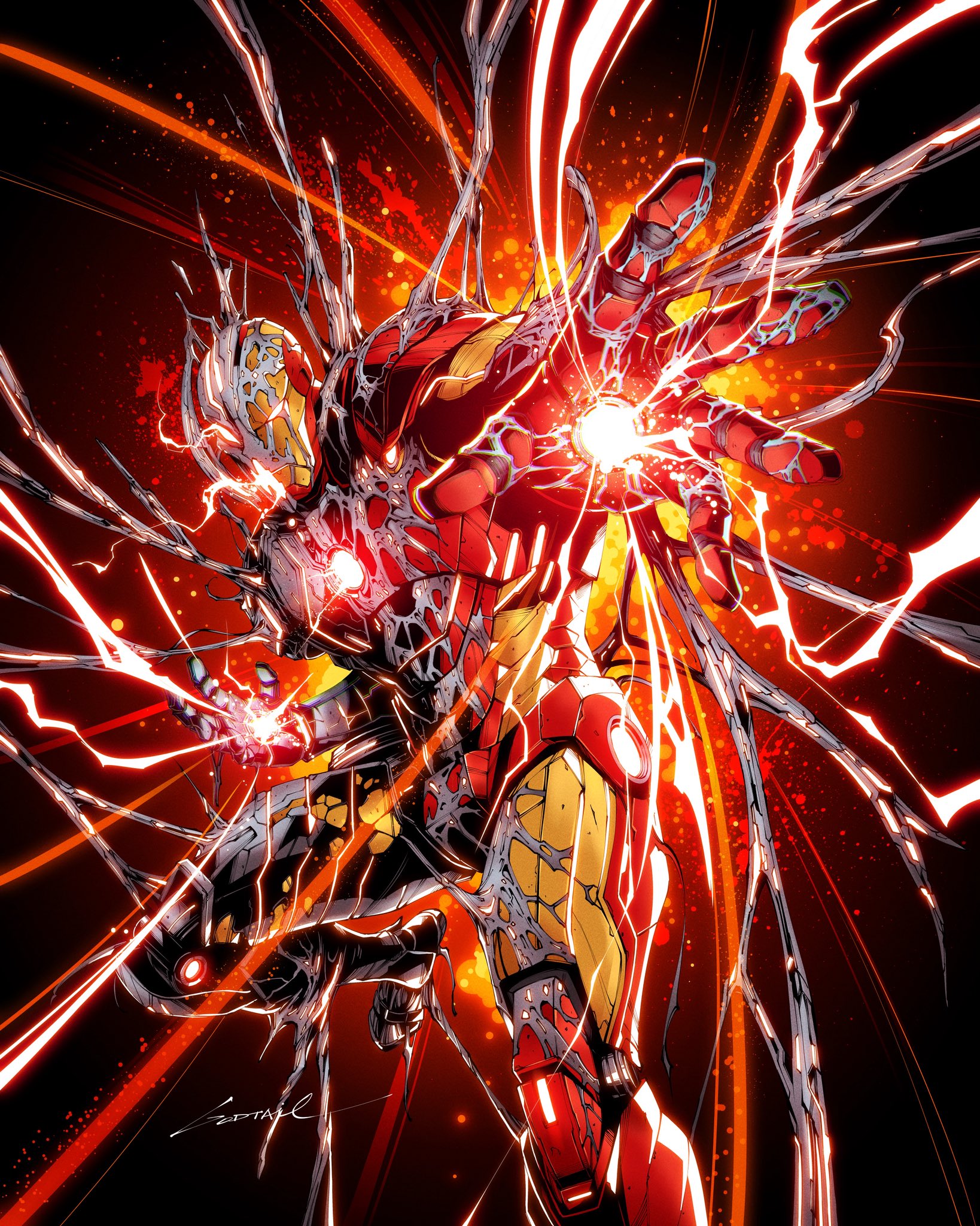 godtail, iron man, tony stark, ultron, iron man (series), marvel, comic cover, commentary request, highres, official art, 1boy, arc reactor, armor, artist name, chromatic aberration, fusion, glowing, glowing eyes, grey armor, grey helmet, helmet, imminent attack, lightning, male focus, multicolored armor, power armor, red armor, red background, solo, yellow armor, yellow helmet