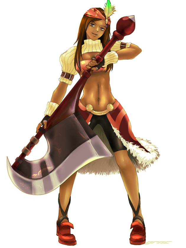 guernica, lani (ff9), final fantasy, final fantasy ix, 00s, 1girl, axe, bandana, bike shorts, brown eyes, brown hair, dark-skinned female, dark skin, feathers, female focus, fingerless gloves, full body, gloves, long hair, midriff, navel, polearm, shoes, shorts, solo, strapless, tube top, weapon, white background