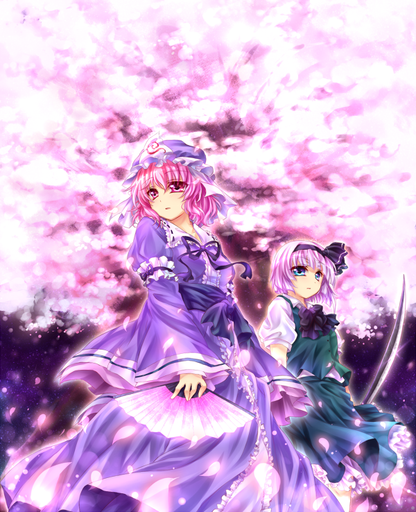 yunaminato, yuuna minato, konpaku youmu, saigyouji yuyuko, touhou, silver hair, bad id, bad pixiv id, 2girls, blue eyes, female focus, hairband, hat, katana, multiple girls, pink eyes, pink hair, short hair, sword, weapon