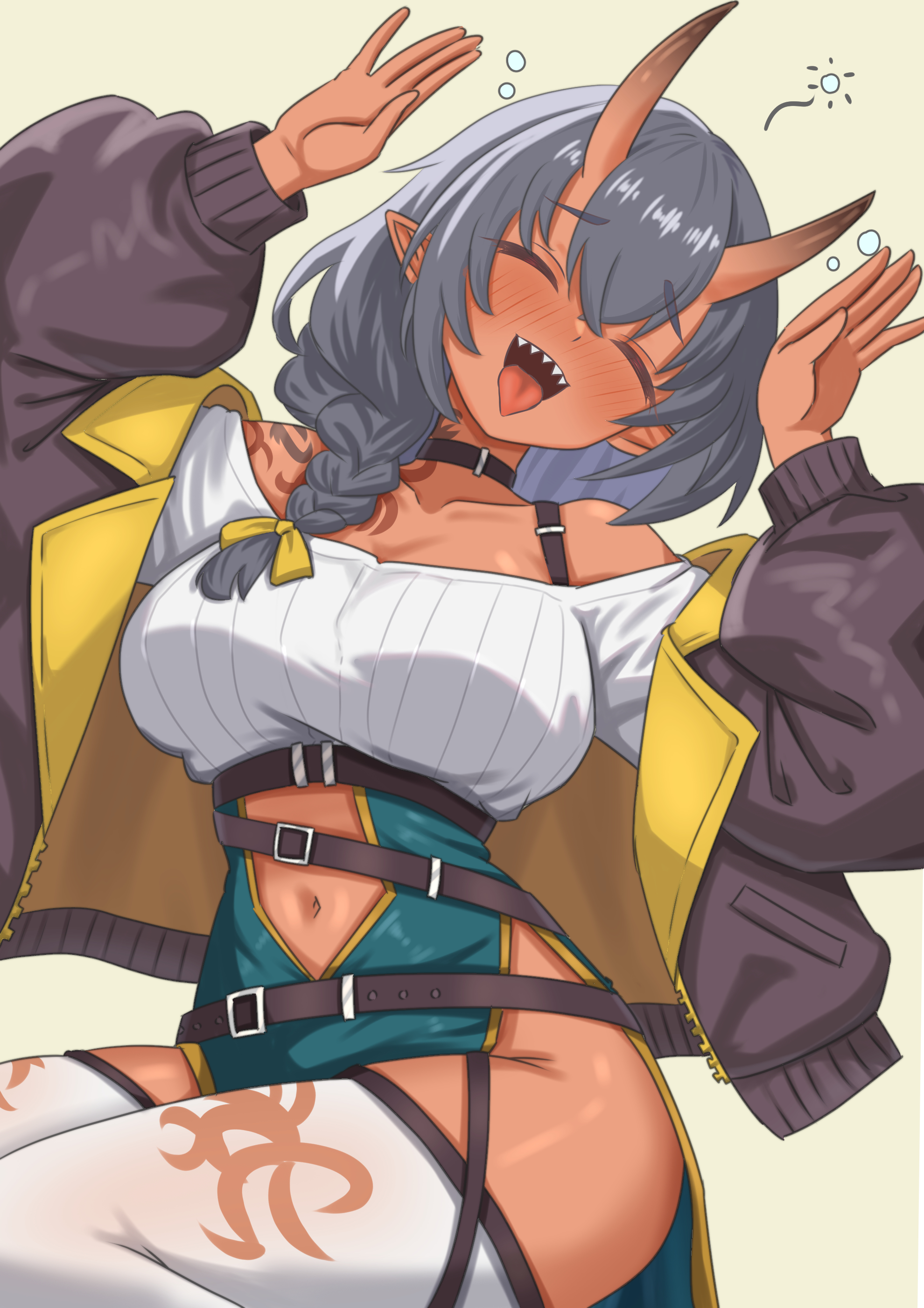 konjou, chaos zero nightmare, absurdres, commentary request, highres, 1girl, :d, ^ ^, black collar, blush, braid, breasts, brown jacket, closed eyes, collar, collarbone, dark-skinned female, dark skin, dellang (chaos zero nightmare), horns, jacket, large breasts, navel, oni, open mouth, pointy ears, sharp teeth, shirt, skin-covered horns, smile, solo, teeth, thighhighs, thighs, tongue, tongue out, white thighhighs