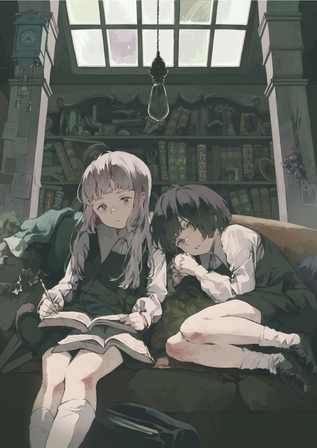 hotatenshi, original, commentary request, highres, 2girls, black bag, black dress, black hair, black shoes, blue eyes, book, book on lap, bookshelf, clock, closed mouth, collared shirt, couch, cup, dress, flower, grey eyes, grey hair, hanging light, holding, holding cup, holding pencil, indoors, light bulb, long hair, long sleeves, looking at viewer, lying, multiple girls, on couch, on side, parted lips, pencil, pillow, pinafore dress, shirt, shoes, short hair, sitting, sleeveless, sleeveless dress, socks, teacup, unworn clothes, wall clock, white shirt, white socks, window