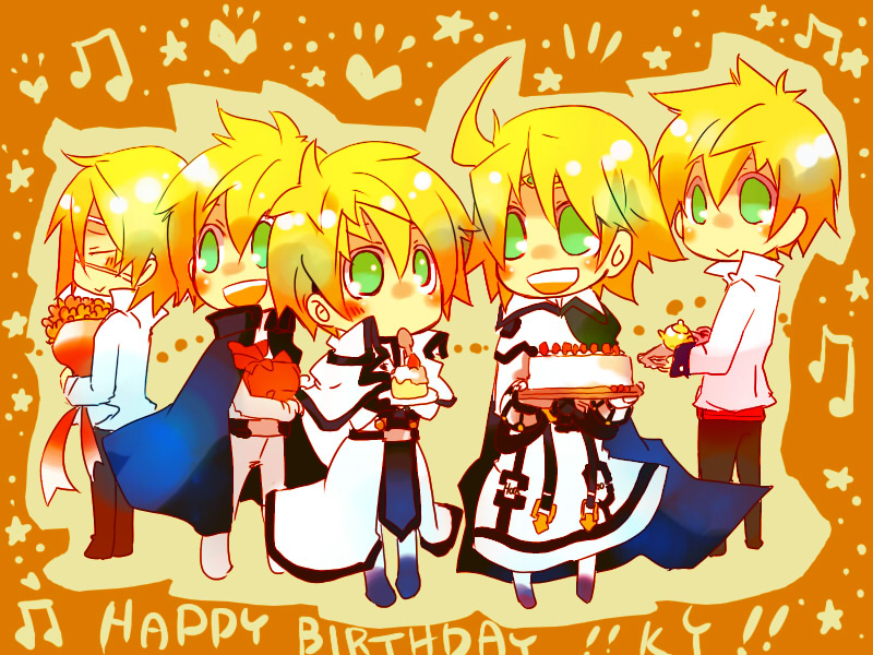 kuro yuzu, ky kiske, arc system works, guilty gear, guilty gear 2, bad id, bad pixiv id, 5boys, birthday, blonde hair, cake, cape, flower, food, gift, green eyes, happy, heart, multiple boys, multiple persona, pastry, star (symbol), teapot