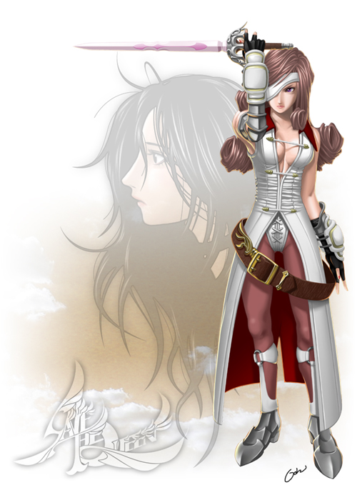 goh1090, beatrix, garnet til alexandros xvii, final fantasy, final fantasy ix, 00s, bare shoulders, belt, black hair, boots, breasts, brown hair, cleavage, eyepatch, gauntlets, long hair, nail polish, pantyhose, purple eyes, sword, weapon