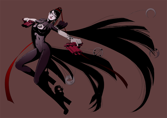 ryouko (artist), ryouko (ddism), bayonetta, bayonetta (series), 1girl, black hair, bodysuit, breasts, cleavage cutout, clothing cutout, female focus, full body, gun, hair bun, high heels, long hair, red eyes, red ribbon, ribbon, shoes, single hair bun, solo, very long hair, weapon