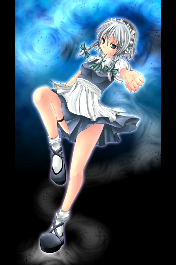 izayoi sakuya, touhou, silver hair, bad id, bad pixiv id, 1girl, blue eyes, braid, breasts, female focus, full body, gradient background, maid, short hair, socks, solo, twin braids