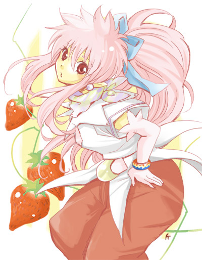 arche klein, tales of (series), tales of phantasia, 1girl, elbow gloves, female focus, food, fruit, gloves, long hair, pants, pink eyes, pink hair, ponytail, red pants, scarf, solo, strawberry, wide ponytail