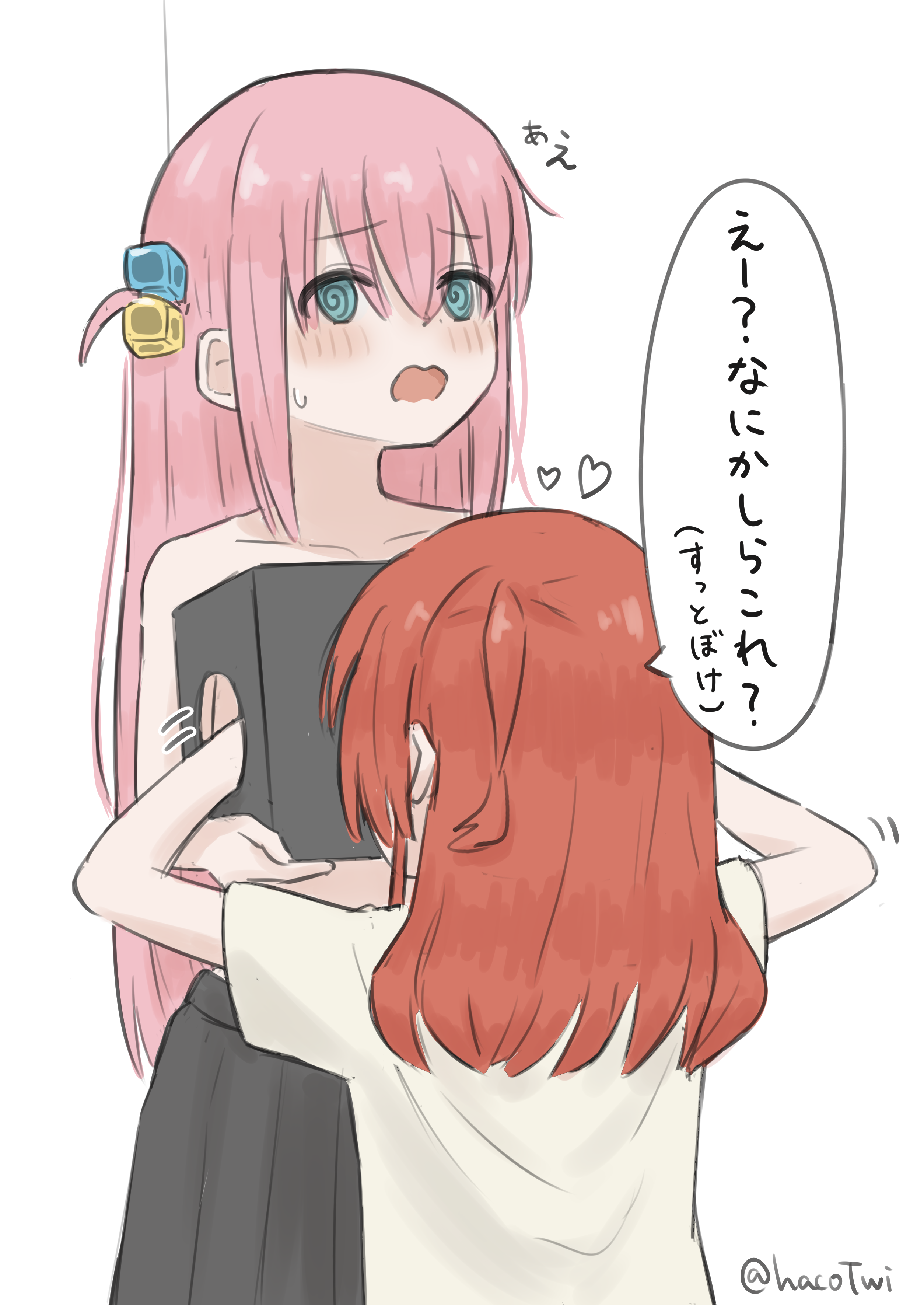 gotoh hitori, kita ikuyo, bocchi the rock!, absurdres, commentary request, highres, 2girls, @ @, aqua eyes, cube hair ornament, haco (user usmg5523), hair ornament, heart, long hair, medium hair, multiple girls, one side up, pink hair, red hair, shirt, simple background, topless female, twitter username, white background, white shirt, yuri