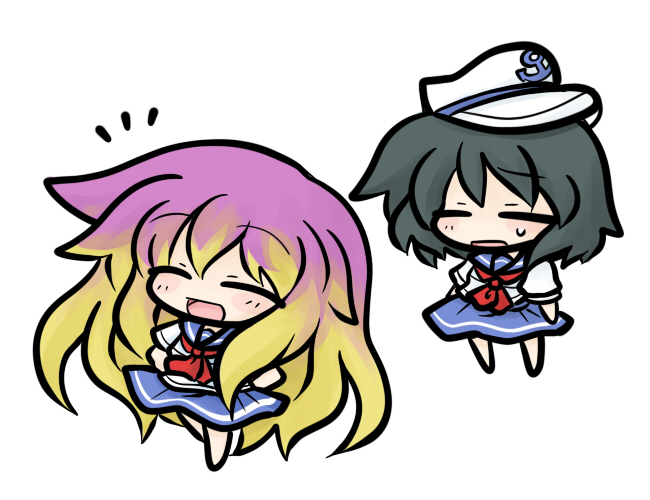 yanagi (nurikoboshi), hijiri byakuren, murasa minamitsu, touhou, 2girls, alternate costume, black hair, chibi, female focus, gradient hair, hat, long hair, multicolored hair, multiple girls, school uniform, serafuku, simple background, skirt, white background